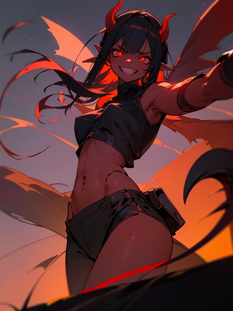 masterpiece, best quality, demon girl, red skin, very young girl, , red skin, red eyes, dilated pupils, glowing eyes, pointed teeth, pointed ears, horns, black hair, evil grin, navel piercing, demon wings, demon tail, night sky