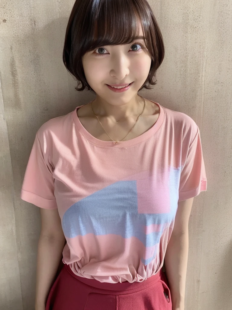(nude :1.35),(Pink Hair :1.3),((Highest quality))、(masterpiece:1.4)、RAW Photos、8K、((Best image quality))、 ((High resolution))、Beautiful face in every detail、Realistic human skin、Gentle expression、(One Woman:1.3 )、Realistic、Realistic、(Short hair on excess belly:1.4)、(Beautiful woman)、(Cute Japanese Girl)、(boyish:1.35)、((mannish))、((Beautiful woman))、(Beautiful Hair)、((Dark brown hair))、(((Red cheeks)))、((sheの目は大きいです))、20 year old beauty、(sheの顔は小さいです:1.7)、Small Head、((Long neck))、White skin、Beautiful Skin、With bangs、Everyone longs for、のBeautiful woman、eight-headed body、(((date)))、((she))、(necklace)、(Music Festival:1.4)、blue sky、Looking into the camera、(Concert T-shirts)、smile、(Larger clothes:1.3)、Happy expression、