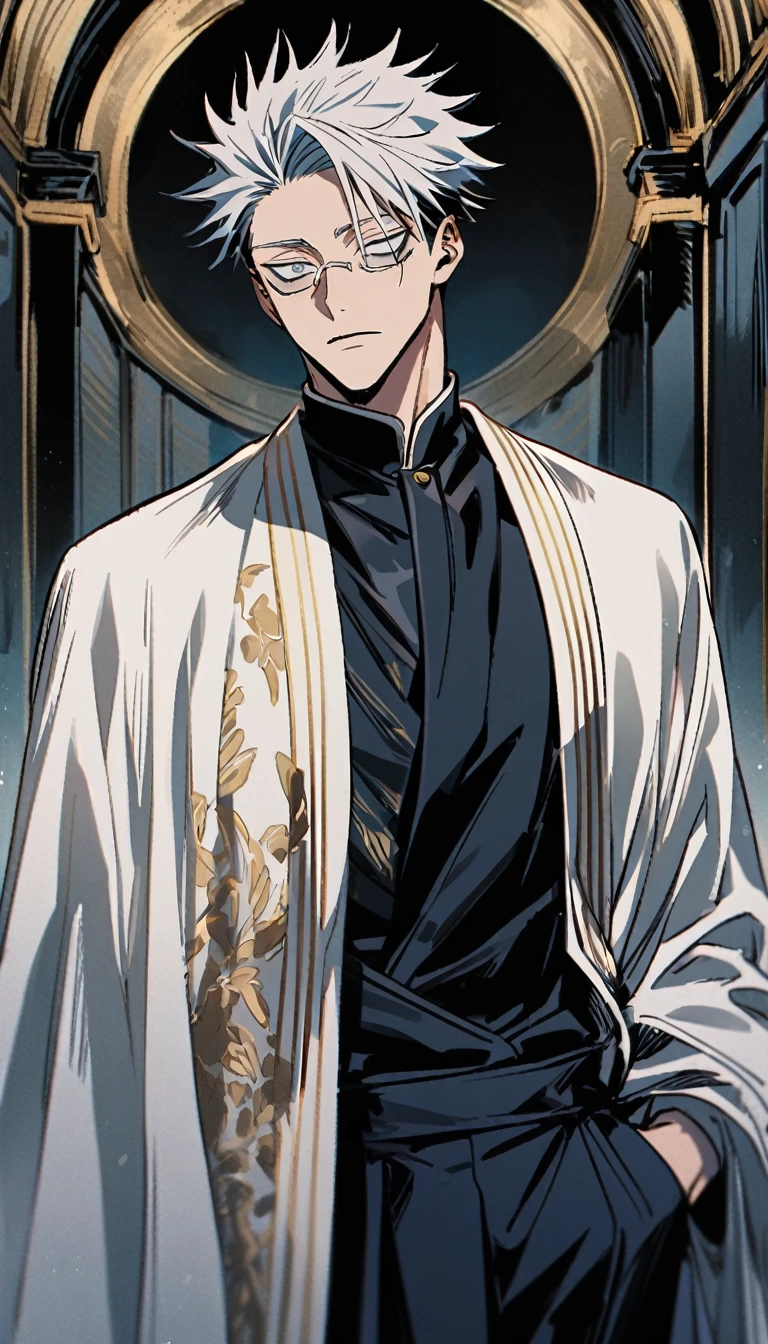 1 male gojo jujutsu Kaisen with formal robes, look towards&#39;Before, background light with black strip