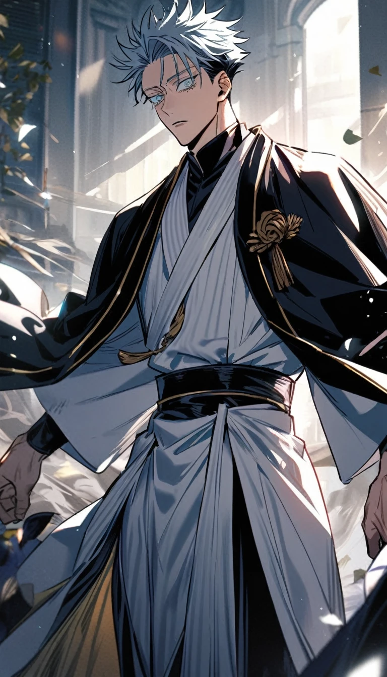 1 male gojo jujutsu Kaisen with formal robes, look towards'Before, background light with black strip