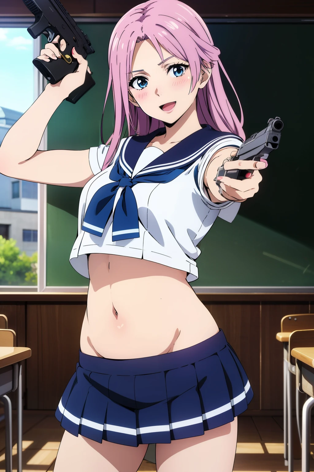 elise, mature woman, 25 yo, anime cels style,  1girl, beautiful face, long hair, blush, lipstick, masterpiece, best quality, highly detailed, a anime girls in sailor uniforms with a gun posing for a picture,
evil smile, smile, open mouth,black_serafuku, ecchi anime style, anime girls , (nsfw) not safe for work,
ecchi style, ecchi, shipgirls, digital anime art!!, high school girls, holding a gun, hold a gun, anime style 4
k, micro skirt, exposed belly, exposed navel, exposed midriff,
exposed lower belly,school, classroom, 