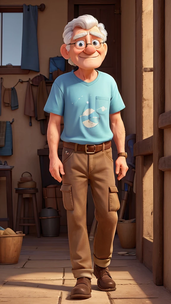 An old man entering a room His hair, silver and wispy, floats gently in the breeze, contrasting with the weathered lines etched deeply into his face, each wrinkle telling a story of decades gone by. His eyes, a piercing blue, sparkle with a mixture of wisdom and mischief, hinting at a life well-lived.
He wears a faded t-shirt, its original color long lost to countless washes. The fabric, soft and threadbare, clings to his thin frame, emblazoned with a vintage logo of a long-forgotten rock band. Over his t-shirt, he sports a pair of well-worn trousers, their khaki color now a patchwork of light and dark from years of use and repair. A brown leather belt, cracked but sturdy, cinches his waist, completing his casual ensemble.
His hands, calloused and strong, peek out from under his shirt sleeves, fingers stained with remnants of ink and oil, perhaps from a lifetime spent as a mechanic or an artist. He carries a cane, not out of necessity but more as a companion, its wooden handle polished smooth from years of contact.
His shoes are practical, sensible walking shoes that have seen many miles, their soles slightly worn but still serviceable. Around his neck hangs a simple chain, disappearing beneath his shirt, hinting at a cherished memento kept close to his heart.
Despite his age, he moves with a certain sprightliness, a lightness in his step that belies the years he has accumulated. He nods and smiles at passersby, a friendly acknowledgment that bridges the gap between generations. There is an air of resilience about him, a quiet strength that suggests he has weathered many storms and emerged stronger for it.
