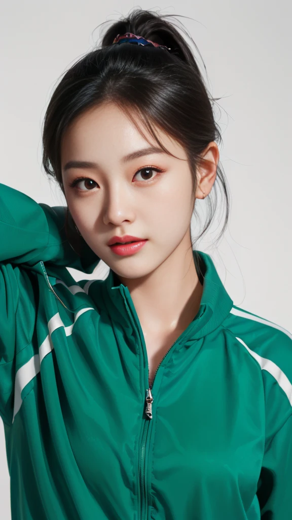 best quality、Very detailed、Finely、high resolution、8k wallpaper、Perfect dynamic composition、Close-up of a woman wearing a green jacket，She is posing for a picture, wenfei ye, Inspired by Ma Yuanyu, Beautiful Chinese model, Bae Suzy, li zixin, Lee Ji-eun, Lee Ji-eun, lulu chen, lu ji, Xue Han, Wenjun Lin, Portrait of a Korean female idol, author：unbelievable