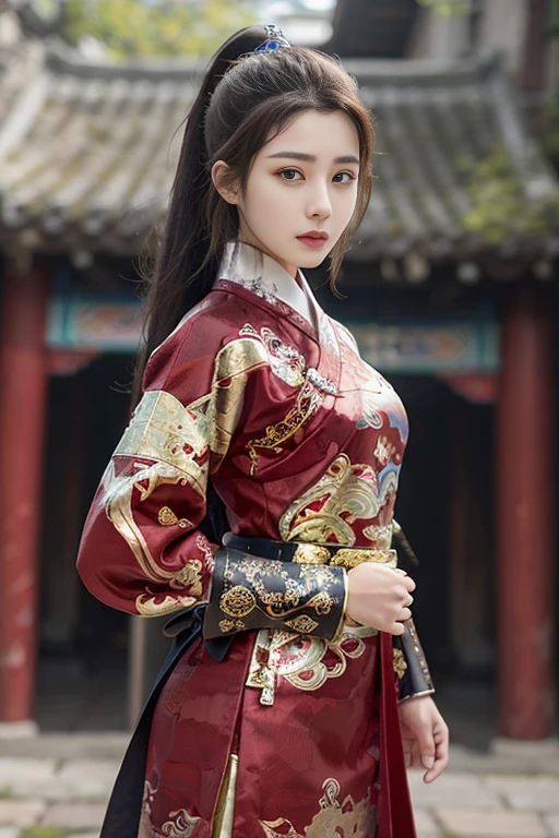 Fei Yu_robes， red cloth， Gold Embroidery， black embroidered gold， high ponytail， depth of field， Ancient Chinese scenery， 1 girl，25 year old girl, ulzzang-6500v1.1， （manuscript： 1.2）， （realistic： 1.3） ， สาวสวยกับdetailsที่สวยงาม， ดวงตาและใบหน้าที่Very detailed， ดวงตาพร้อมdetailsที่สวยงาม， red hair， The resolution is incredibly ridiculous.， hugeFilesize， ไฮเปอร์details， High resolution，very big breasts, Very detailed， best quality， Masterpiece， illustration， มีdetailsและสวยงามเป็นพิเศษ， Very detailed， CG， unity， 8k wallpaper， Surprisingly， details， Masterpiece， Highest quality， official art， วอลล์เปเปอร์ CG unity 8k ที่มีdetailsมาก， Cinematic lighting， （Perfect shiny skin：0.6）， The lines are thin and smooth.， （floating）， ear nipple ring ， Masterpiece， best quality best，