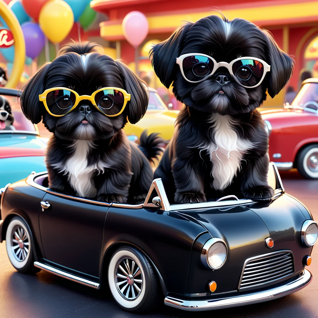 2 Adorable small black Shih Tzu puppies wearing sunglasses bumper cars Disney background 3d cartoon 3d render disney pixar style