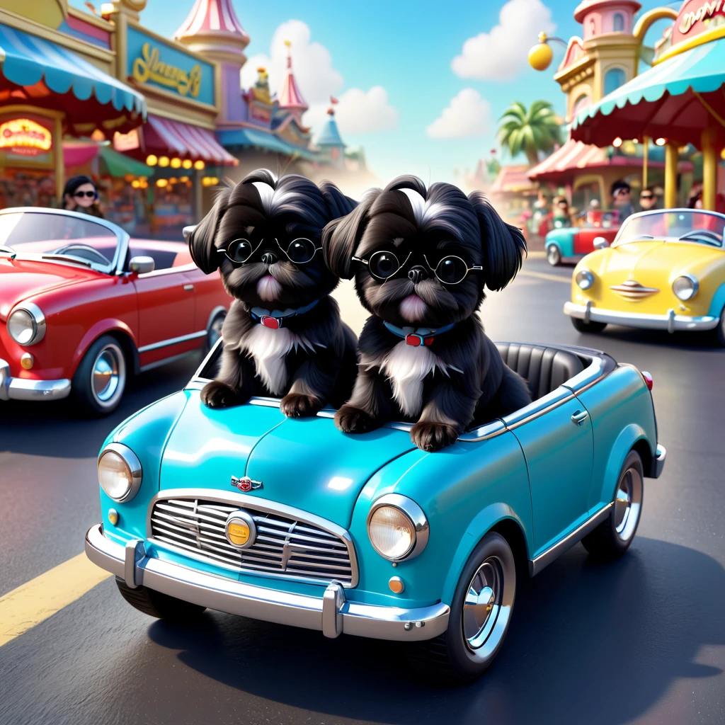 2 Adorable small black Shih Tzu puppies wearing sunglasses bumper cars Disney background 3d cartoon 3d render disney pixar style