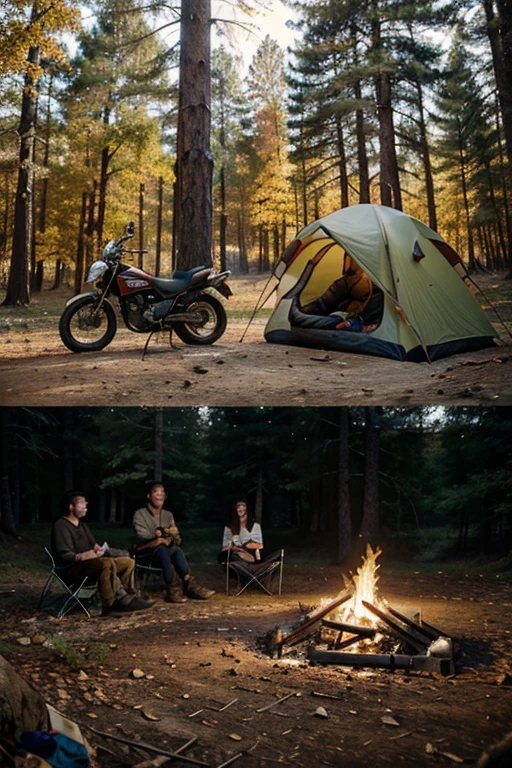 Camping with tents, autumn forest, motorcycle, bonfire, two people by the fire