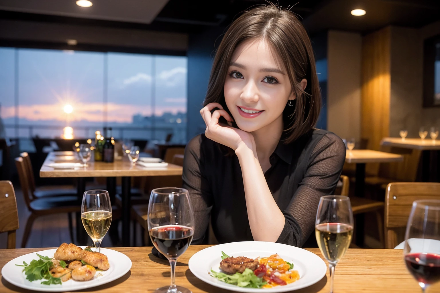 ((Highest quality、8K、masterpiece:1.3))、slimカップル、modelカップル、(Realistic, Intricate details:1.2), full-course dinner、Wine Party、Amazing view of the sunset sky and clouds、A bright smile、The wonderfulness of smile、Bright image、The beauty of wine, Beautiful Face, blue eyes, The light shines on your face, Blushing, short hair,Bright Face、 (Age 42), 39 years old, red wine 、Appetizers、Italian food、Wine bottle、Champagne、sparkling wine、Two beauties、Brown Hair、Shortcuts、Long sleeve shirt、dress、Beautiful woman 1, (slimな顔), (The body is slim), (Brown Hair), (Shortcuts), cheeks turn a little red,Attractive beauty、restaurant, In a prominent place (From the waist up) Nova Frog Style, actress, model, Upper Body, White wine, slim, wine glass, 中央に置かれたwine glass, smile, (smile: 1.15), Beautiful fine grain, Depth f/2,saturation, High Contrast, Strong light and shadow,Moist Body:1.5、3D texture、Delicate eyes、Brown Hair、The hair is very shiny、