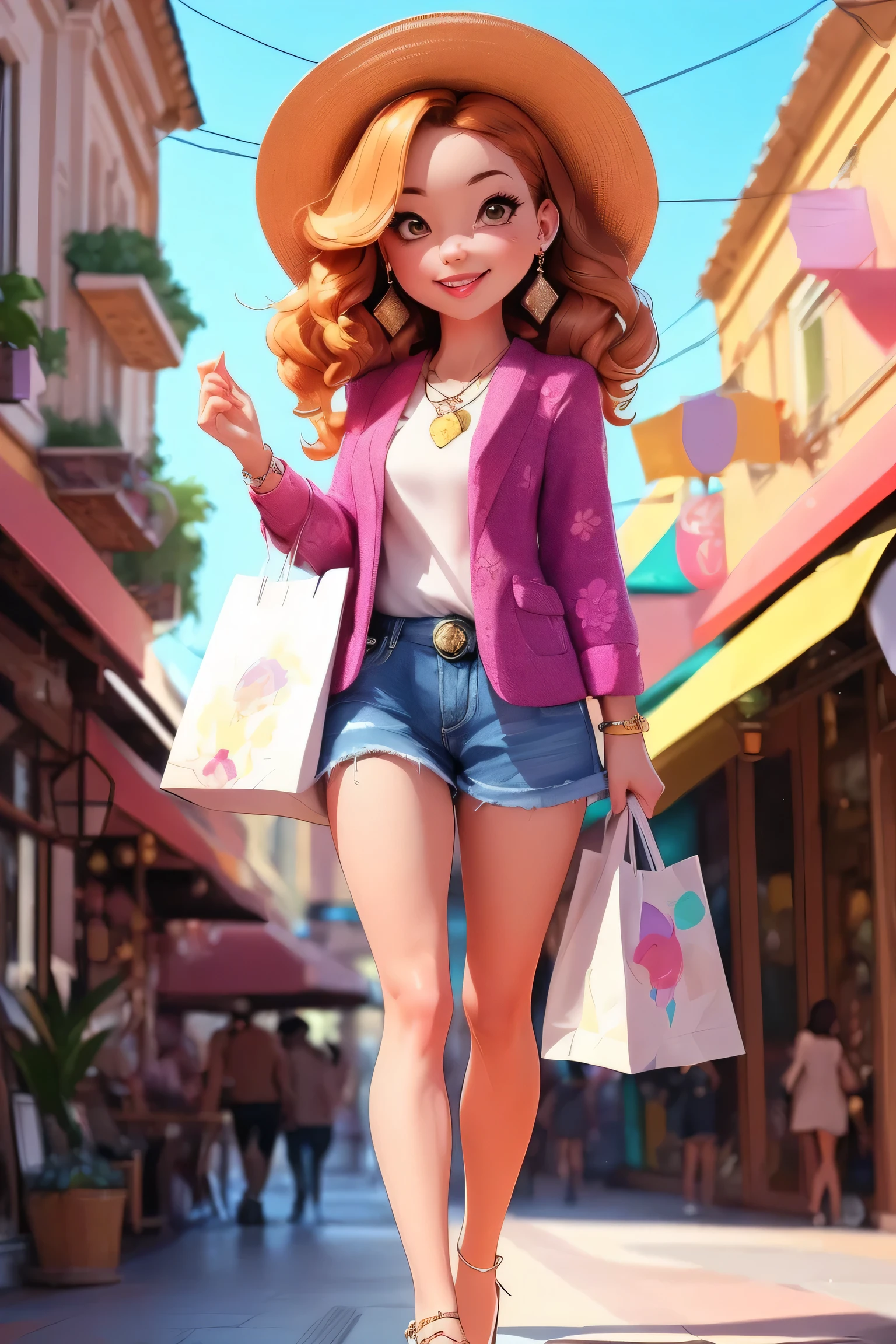 (AI_Misaki),((best quality)), ((masterpiece)), (detailed), 1girl gorgeous light and shadow , bracelet ,necklace ,earrings ,Jewelry , Colombia, Open the robe,Holding a shopping bag,Shopping street with colorful background