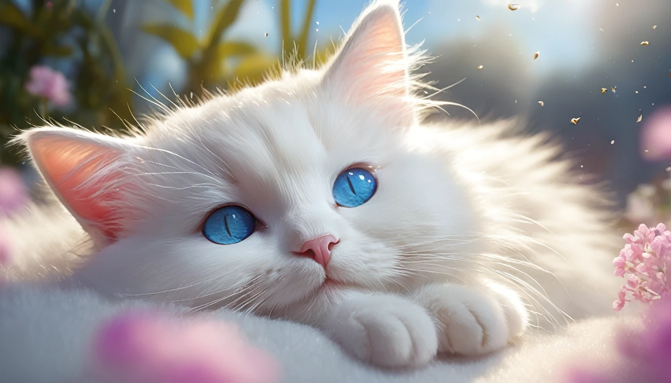 There is a white cat lying in the clouds, Digital rendering by Li Mei-Shu, Trending on CGSociety, fur art, Adorable digital painting, Cute digital art, cute catのアニメビジュアル, Has fluffy fur,Cute and detailed digital art, Cute 3D rendering, A big smile filled with happiness,Dream animal cute eyes, Lying in the fairyland of white clouds, Fluffy and full of light, cute cat