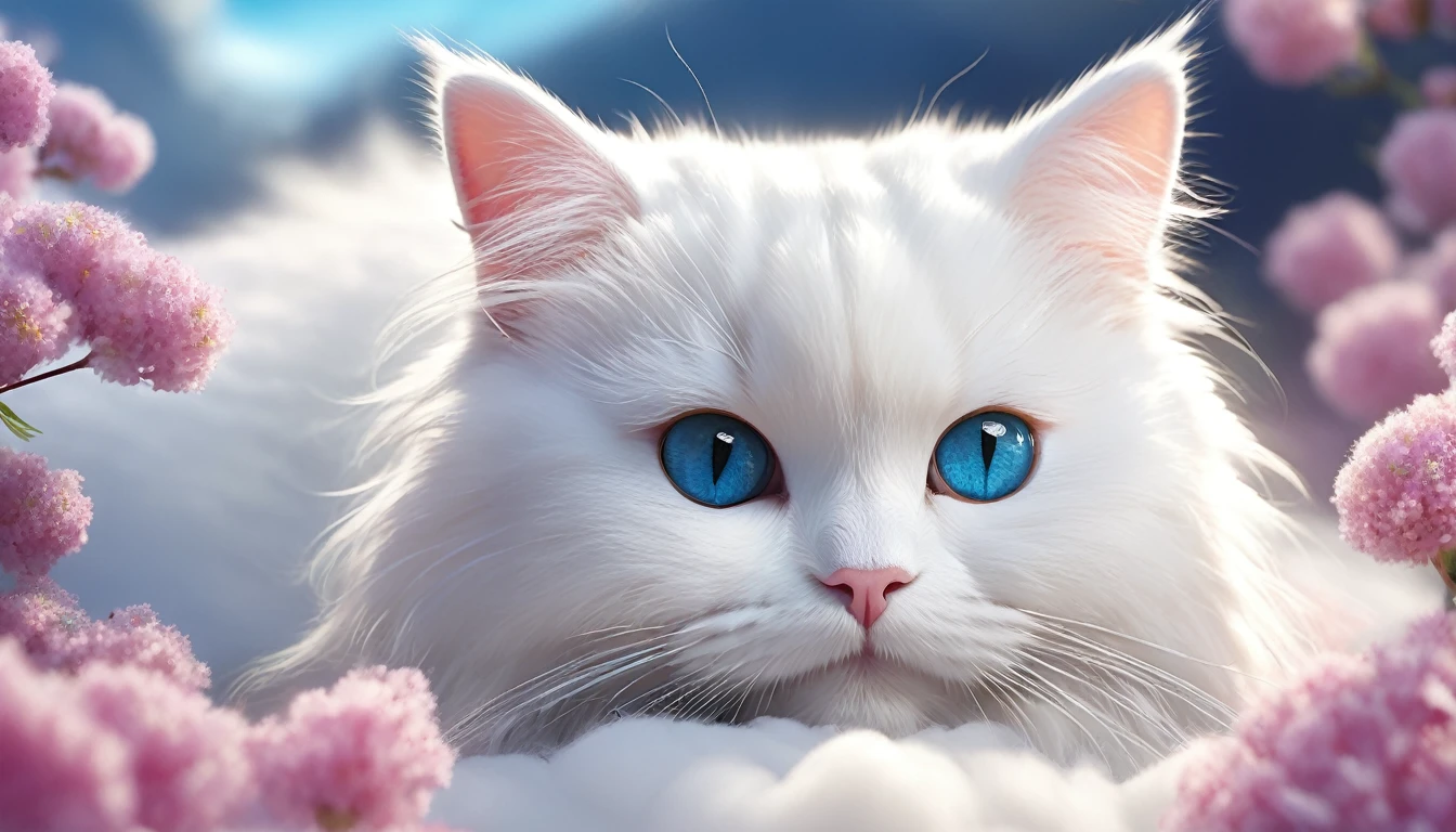 There is a white cat lying in the clouds, Digital rendering by Li Mei-Shu, Trending on CGSociety, fur art, Adorable digital painting, Cute digital art, cute catのアニメビジュアル, Has fluffy fur,Cute and detailed digital art, Cute 3D rendering, A big smile filled with happiness,Dream animal cute eyes, Lying in the fairyland of white clouds, Fluffy and full of light, cute cat