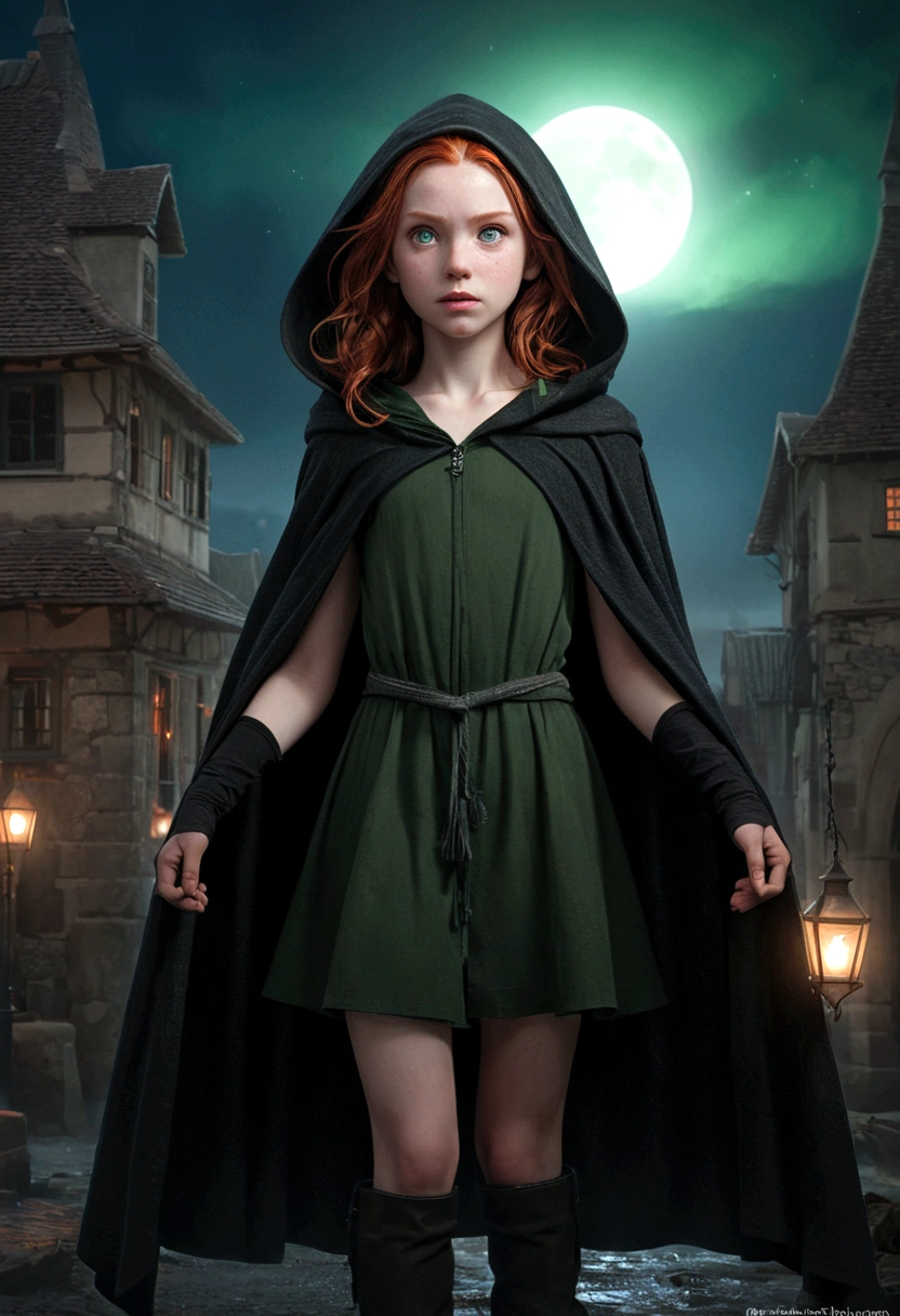 young 9-year-old daughter of severus snape,((highest quality)),(ultra high resolution),(Super detailed),(detailed description),((best CG)),(best work of art) ,black hair、radiant green (best quality, masterpiece:1.2), photorealistic, ultra high res, front lighting, intricate detail, Exquisite details and textures, abstract, motion blur, bokeh, fantasy setting, low camera angle, (detailed eyes:1.3), (detailed body:1.3), (detailed face:1.3), (perfect hands:1.3) (1girl, witch, flowing ginger hair, dirty skin, long hooded cloak, bare leg, exposed shoulder, angry expression), white background, face highlight, sexy, seductive, smooth thigh, pale skin, beautiful detailed eyes, beautifully detailed face, red glow, shadows, starry, strry light, night, blood moon, magic, sky, night sky, black myst, corruption