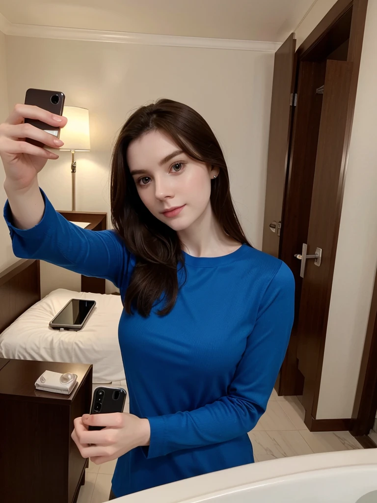 Selfie, Ultrarealistic, (pale skin), dark brown hair, blue long sleeve top, upper body, hotel room, (selfy with front camera)