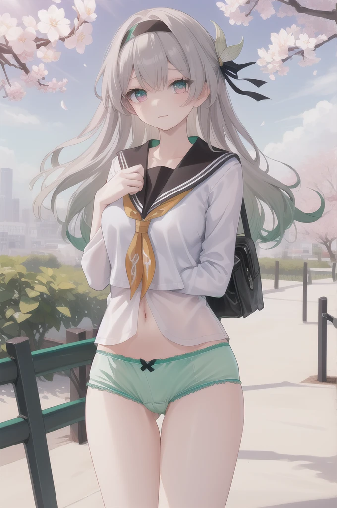 masterpiece,best quality,highres,ultra-detailed,(facing_viewer:1.1),solo,1girl,small breasts,standing,outdoors,garden,cherry blossom,trees,cowboy shot,firefly,black hairband,long hair,grey hair,(((white_shirt))),[[shirt]],long_sleeves,serafuku,bowleg,(((no_pants,panties,green_panties,underwear))),