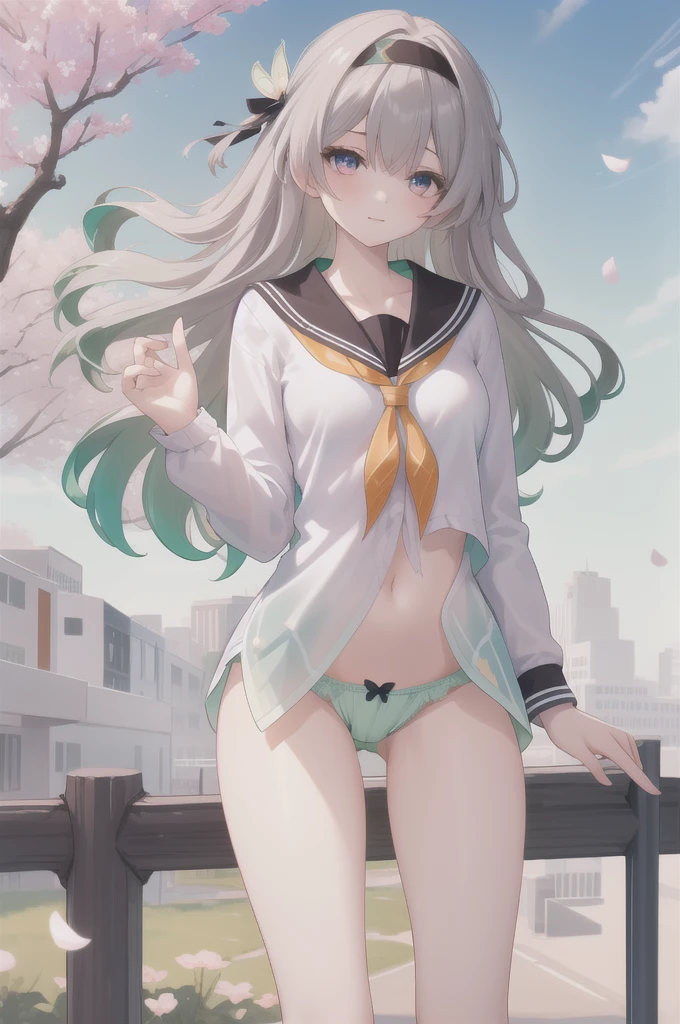 masterpiece,best quality,highres,ultra-detailed,(facing_viewer:1.1),solo,1girl,small breasts,standing,outdoors,garden,cherry blossom,trees,cowboy shot,firefly,black hairband,long hair,grey hair,(((white_shirt))),[[shirt]],long_sleeves,serafuku,bowleg,(((no_pants,panties,green_panties,underwear))),