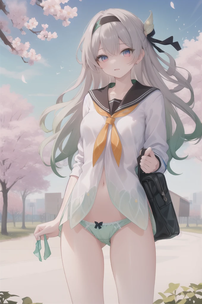 masterpiece,best quality,highres,ultra-detailed,(facing_viewer:1.1),solo,1girl,small breasts,standing,outdoors,garden,cherry blossom,trees,cowboy shot,firefly,black hairband,long hair,grey hair,(((white_shirt))),[[shirt]],long_sleeves,serafuku,bowleg,(((no_pants,panties,green_panties,underwear))),