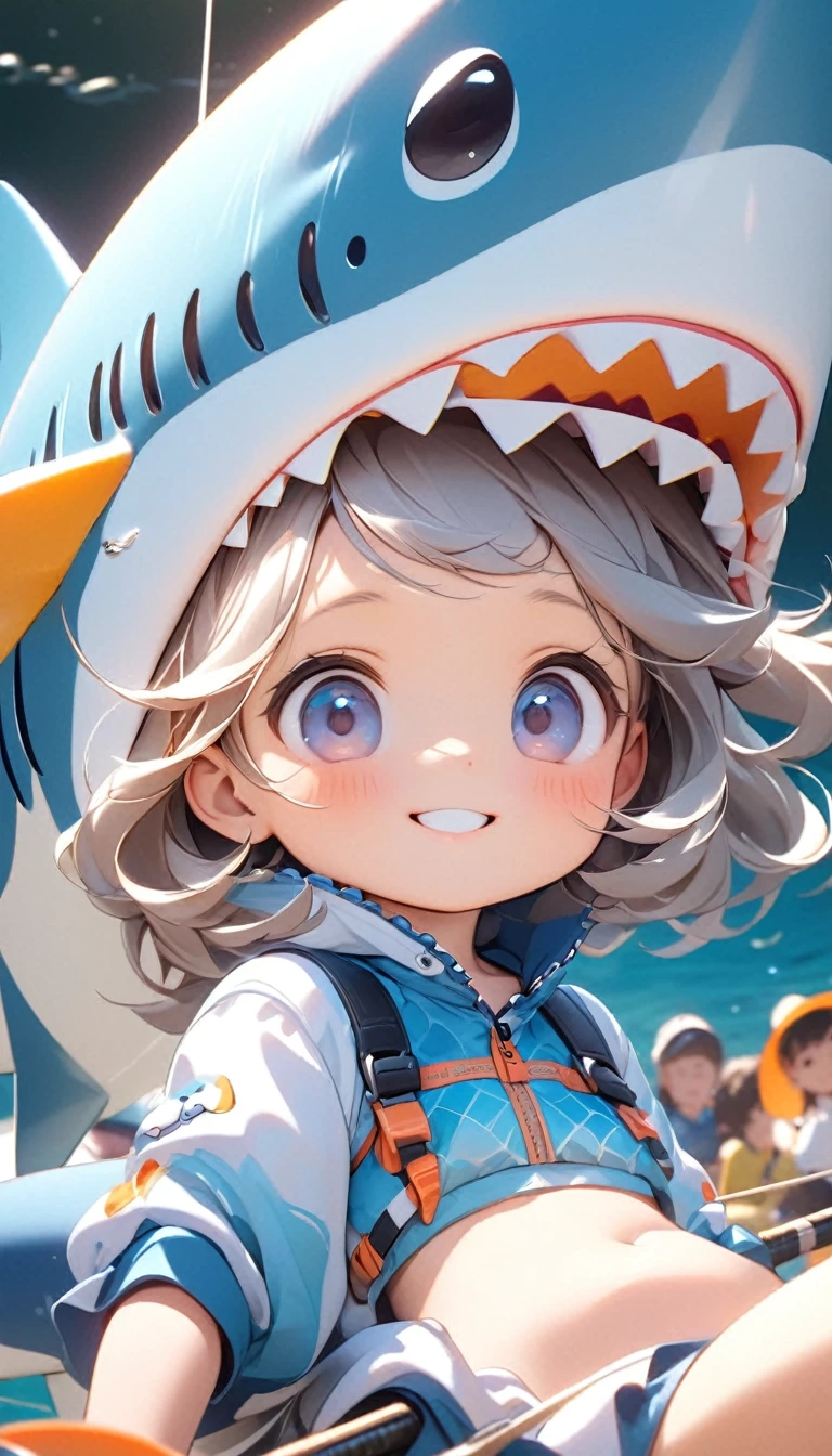 A cute little girl, Wearing a cute blue shark fishing outfit, Tilt your head and look at people with a smile.Close-up of character( Perfect anatomical structure ) Beautiful and extremely fine texture，detailed, bright, Animation style high definition and high quality presentation