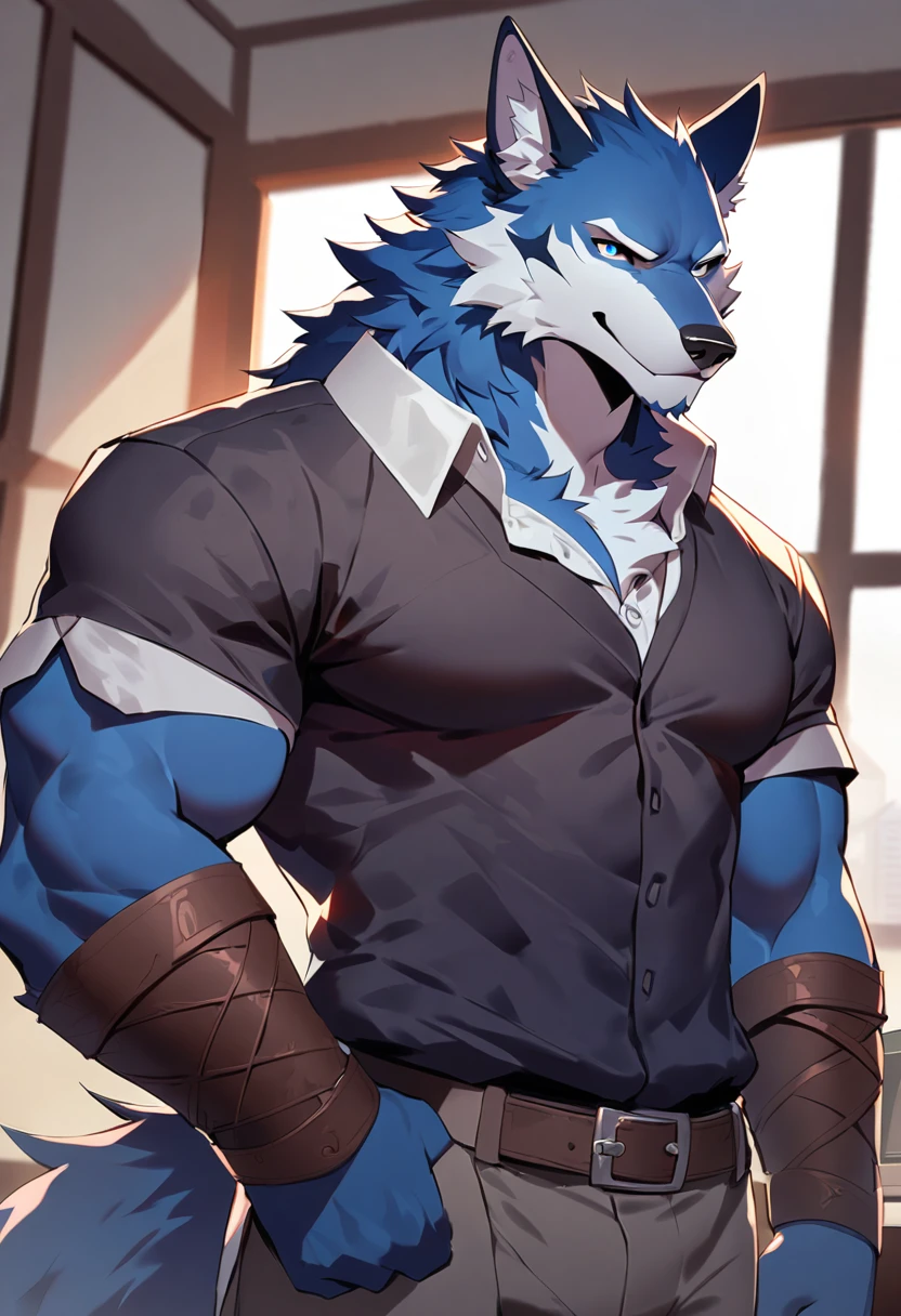 fenrir, wolf, 1boys, male, solo, dark blue fur, muscle, big tits, pecs, cool face, middle ages, office attire, standing, front angle