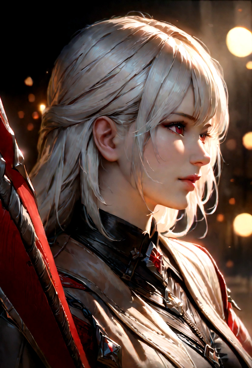 a woman with white hair and red streaks, neutral facial expression, detailed red eyes, holding a large red sword, digital art, fantasy, highly detailed, cinematic lighting, dramatic atmosphere, volumetric lighting, photorealistic, 8k, masterpiece, (best quality, 4k, 8k, highres, masterpiece:1.2), ultra-detailed, (realistic, photorealistic, photo-realistic:1.37), HDR, UHD, studio lighting, ultra-fine painting, sharp focus, physically-based rendering, extreme detail description, professional, vivid colors, bokeh