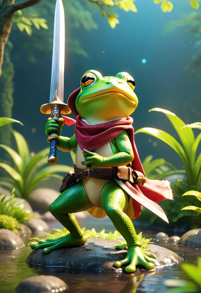 Esbian all over、Cool Frog、Pop Frog、Diorama、Simple Background、bandana、Holding a big sword in his hand、Brave、Best Quality, Capture the cutest moments, Depth of written boundary, Super detailed, Ultra-high resolution, Octadale, 8k, 16km race