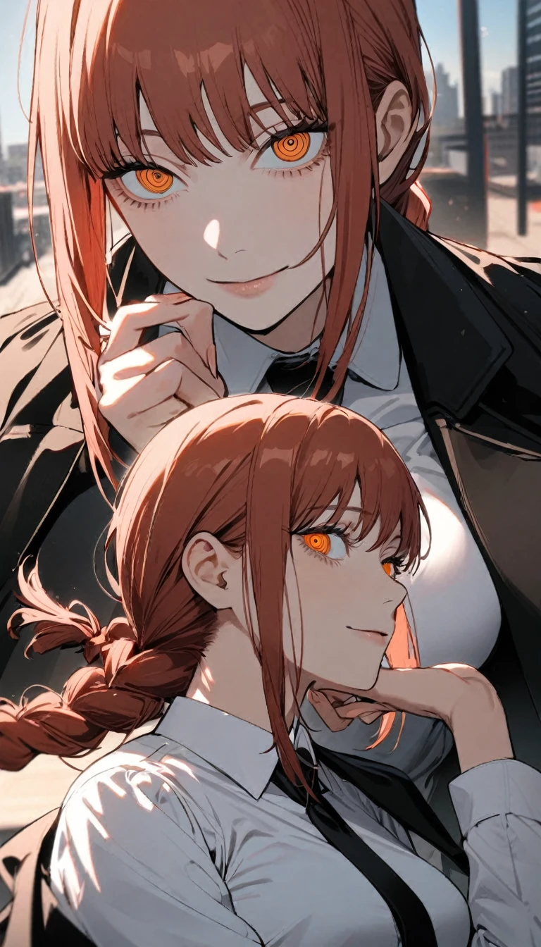 1girl, makima \(chainsaw man\), chainsaw man, black jacket, black necktie, black pants, braid, business suit, fingernails, formal, hand on own chin, jacket on shoulders, light smile, long sleeves, looking at viewer, looking up, medium breasts, office lady, smile, solo, suit, upper body, white shirt, outdoors
