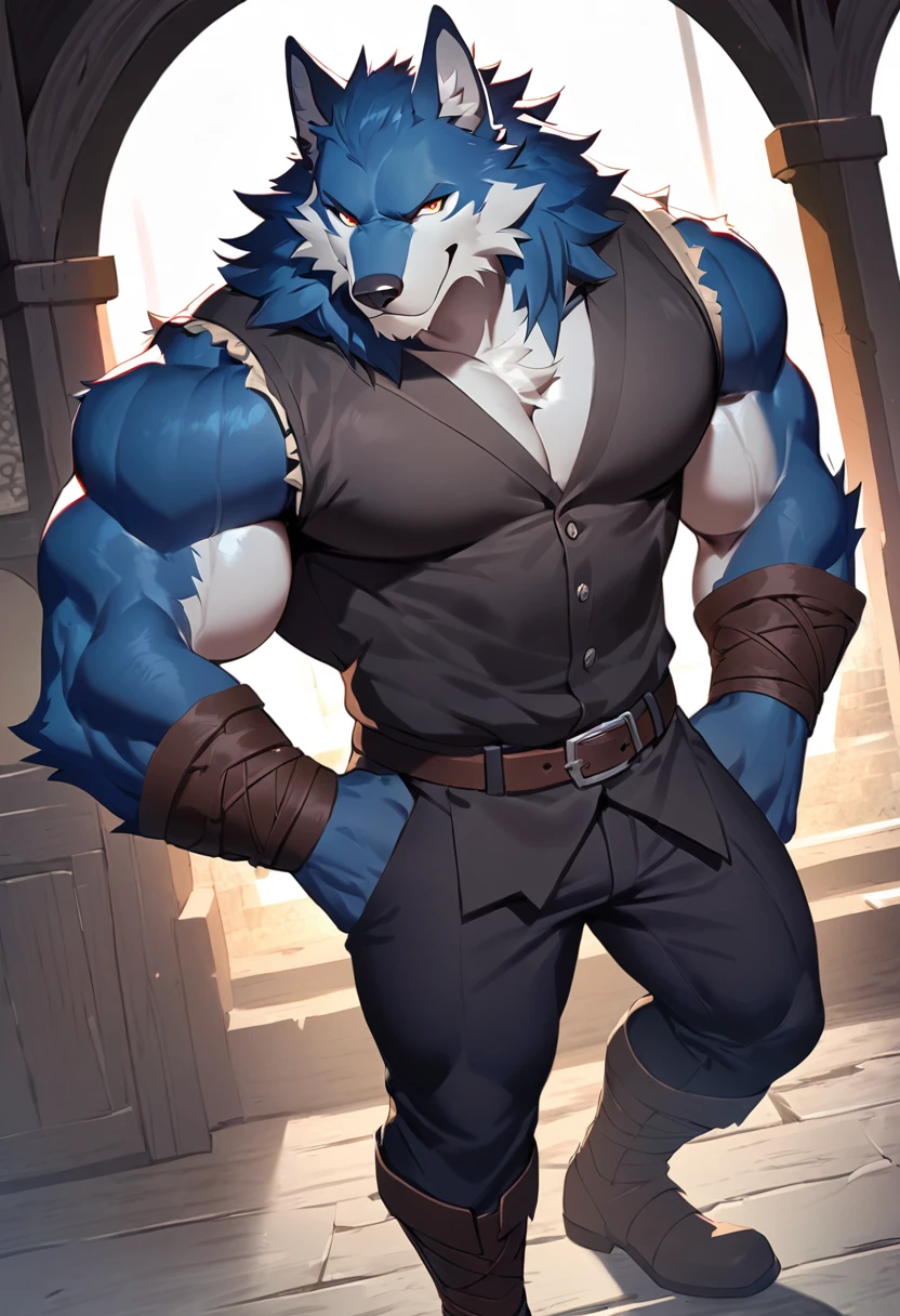 fenrir, wolf, 1boys, male, solo, dark blue fur, muscle, big tits, pecs, cool face, middle ages, office attire, standing, front angle