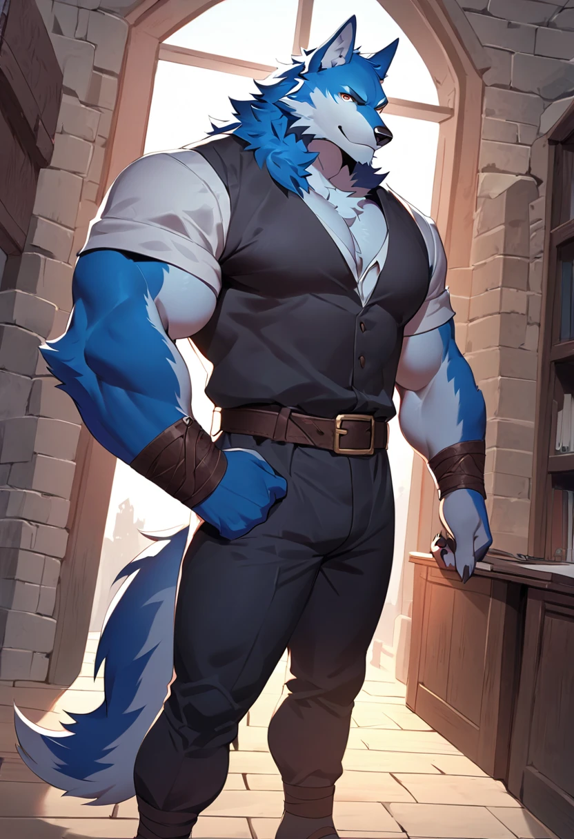 fenrir, wolf, 1boys, male, solo, dark blue fur, muscle, big tits, pecs, cool face, middle ages, office attire, standing, front angle