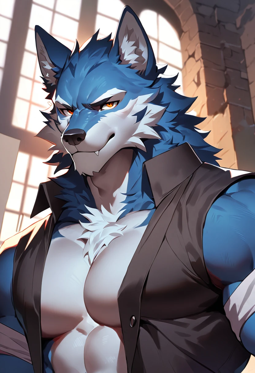 fenrir, wolf, 1boys, male, solo, dark blue fur, muscle, big tits, pecs, cool face, middle ages, office attire, standing, front angle