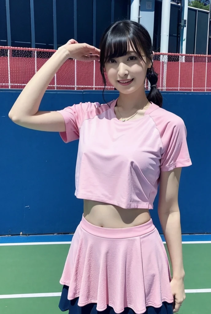 (((length))), Highest quality, 8K, んdebtdebt, High Resolution, Absurd:1.2, picture, (Raw photo:1.2), (Photorealistic:1.4), (masterpiece:1.3), (Intricate details:1.2), One Girl, solo, Japanese girl, 繊細in美しいディテール, (Detailed eyes), (Detailed facial features), Petite, (((Small breasts))), Firm Skin, (look up_in_Audience), from_front, (skin), (Highest quality:1.4), (Ultra-high resolution:1.2), Cinematic light, (Highly detailed illustration), (Lip gloss、Highest quality、Ultra-high resolution、Depth of written boundary、Caustics、Broad Lighting、Natural Shading、85mm、debt / 1.4、iso 200、1 / 160 seconds:0.75)、One Girl、solo、((Pink Tennis Wear、Tennis court)))Laughter、Tennis Wear、necklace、Stylish cafe:1.3、Tennis Wear、Nogizaka Idol、Gravure idol pose、Beauty、Tennis court