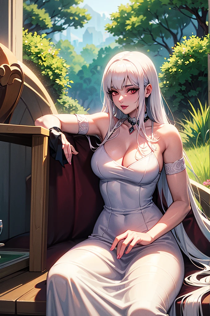 An albino woman with red eyes, extremely long hair, dressed in white with flowers, pink lips, calm look, He is 40 years old. She is beautiful and sitting in a palace garden. Looks like a magical being
