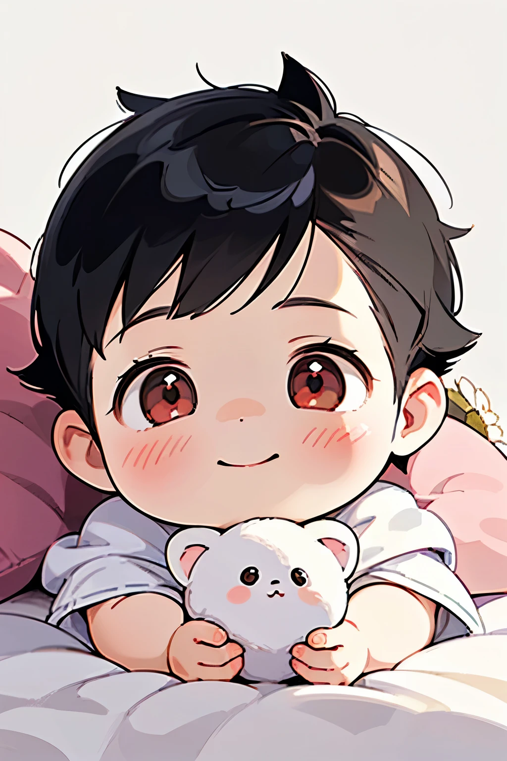 (high-quality, breathtaking),(expressive eyes, perfect face) portrait, Symmetrical Eyes, 1boy , solo, 1 month old, black hair, red coloured eyes, short hair, spiked hair, fluffy hair, baby face, Hades Hall background, detailed eyes, cute smile, sitting in a pile of blankets, holding flowers
