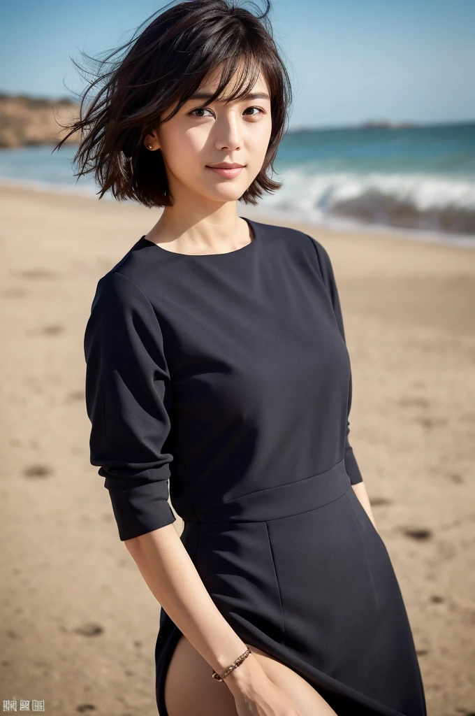 You are a professional photographer。 , short hair blown by the wind. She has a faint smile , Perfect Eyes, Perfect hands, Perfect body, Perfect Hair, Accurate身体, masterpiece, Accurate, Anatomically correct, Rough skin, Very detailed, Advanced Details, high quality, 最high quality, High resolution, 16K, 8K, Looking into the camera,Bold dresses、Thighs