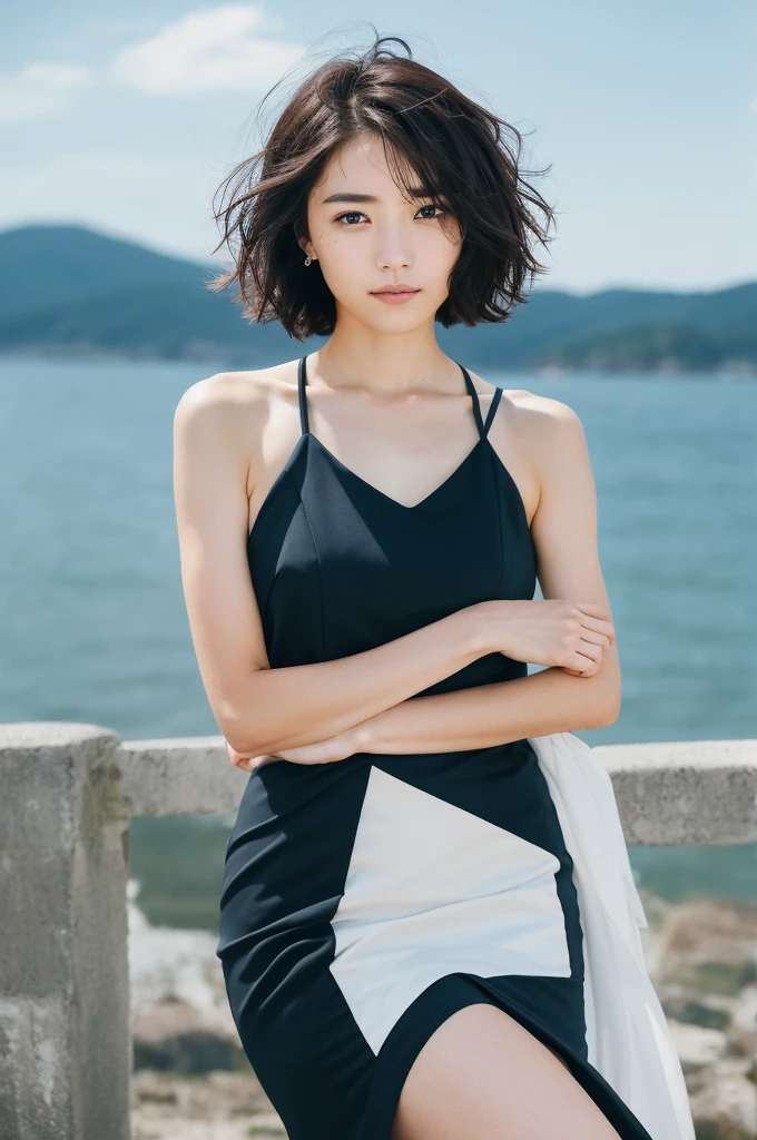 You are a professional photographer。 , short hair blown by the wind. She has a faint smile , Perfect Eyes, Perfect hands, Perfect body, Perfect Hair, Accurate身体, masterpiece, Accurate, Anatomically correct, Rough skin, Very detailed, Advanced Details, high quality, 最high quality, High resolution, 16K, 8K, Looking into the camera,Bold dresses、Thighs