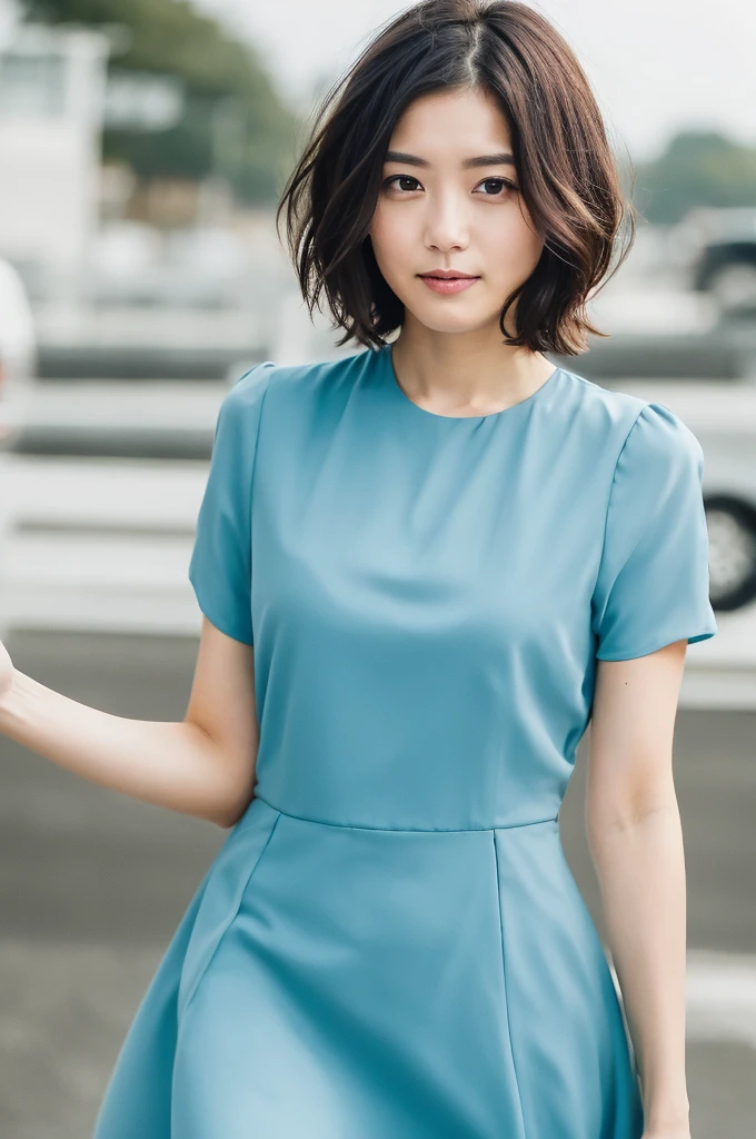 You are a professional photographer。 , short hair blown by the wind. She has a faint smile , Perfect Eyes, Perfect hands, Perfect body, Perfect Hair, Accurate身体, masterpiece, Accurate, Anatomically correct, Rough skin, Very detailed, Advanced Details, high quality, 最high quality, High resolution, 16K, 8K, Looking into the camera,Bold dresses、Thighs