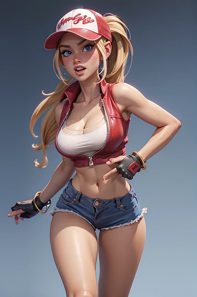 (masterpiece), best quality, expressive eyes, perfect face, highres, (8k), (perfect face), (ultra details), 1 girl, solo, terry bogard girl, blonde hair, ponytail, blue eyes, long hair, baseball cap, fingerless gloves, denim shorts, shoes, hands on own chest
, blushing, frightened, anguished, open-mouthed, room background, no posing, standing, portrait, looking down