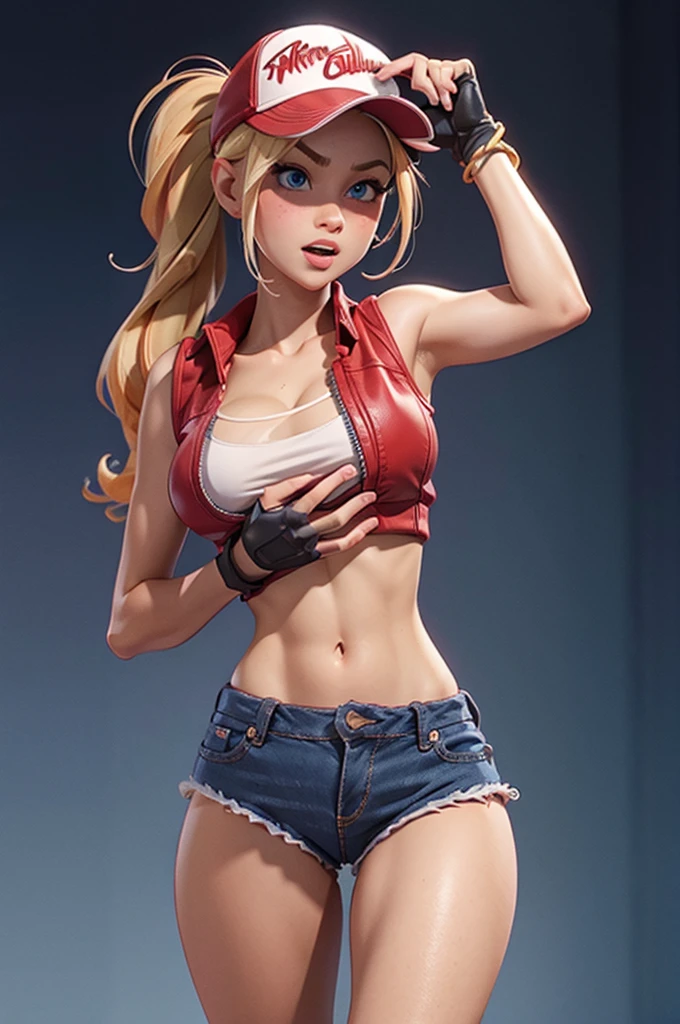 (masterpiece), best quality, expressive eyes, perfect face, highres, (8k), (perfect face), (ultra details), 1 girl, solo, terry bogard girl, blonde hair, ponytail, blue eyes, long hair, baseball cap, fingerless gloves, denim shorts, shoes, hands on own chest
, blushing, frightened, anguished, open-mouthed, room background, no posing, standing, portrait, looking down