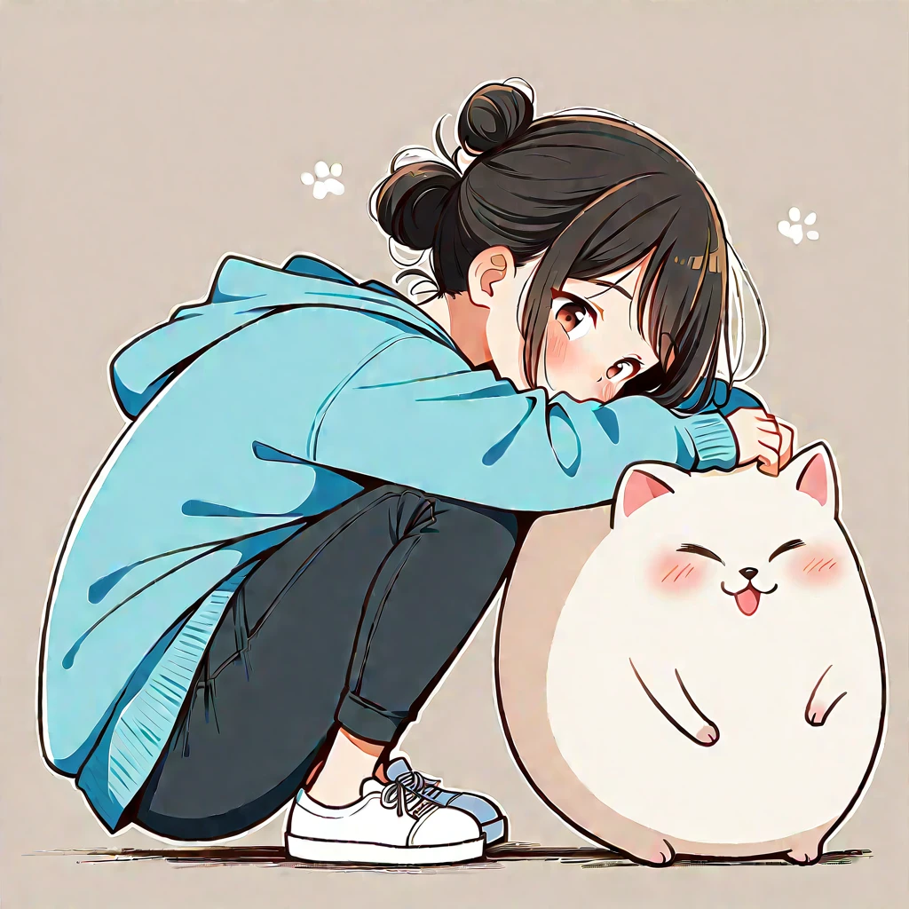 1 Girl, blush, Black Hair, Long sleeve, Brown eyes, shoe, Pants, hood, Hair Bun, from the side, hoodie, contour, animal, black Pants, sit on the floor, single Hair Bun, Chubby cat, hood down, 运动shoe, 粉色shoe类,blue hoodie