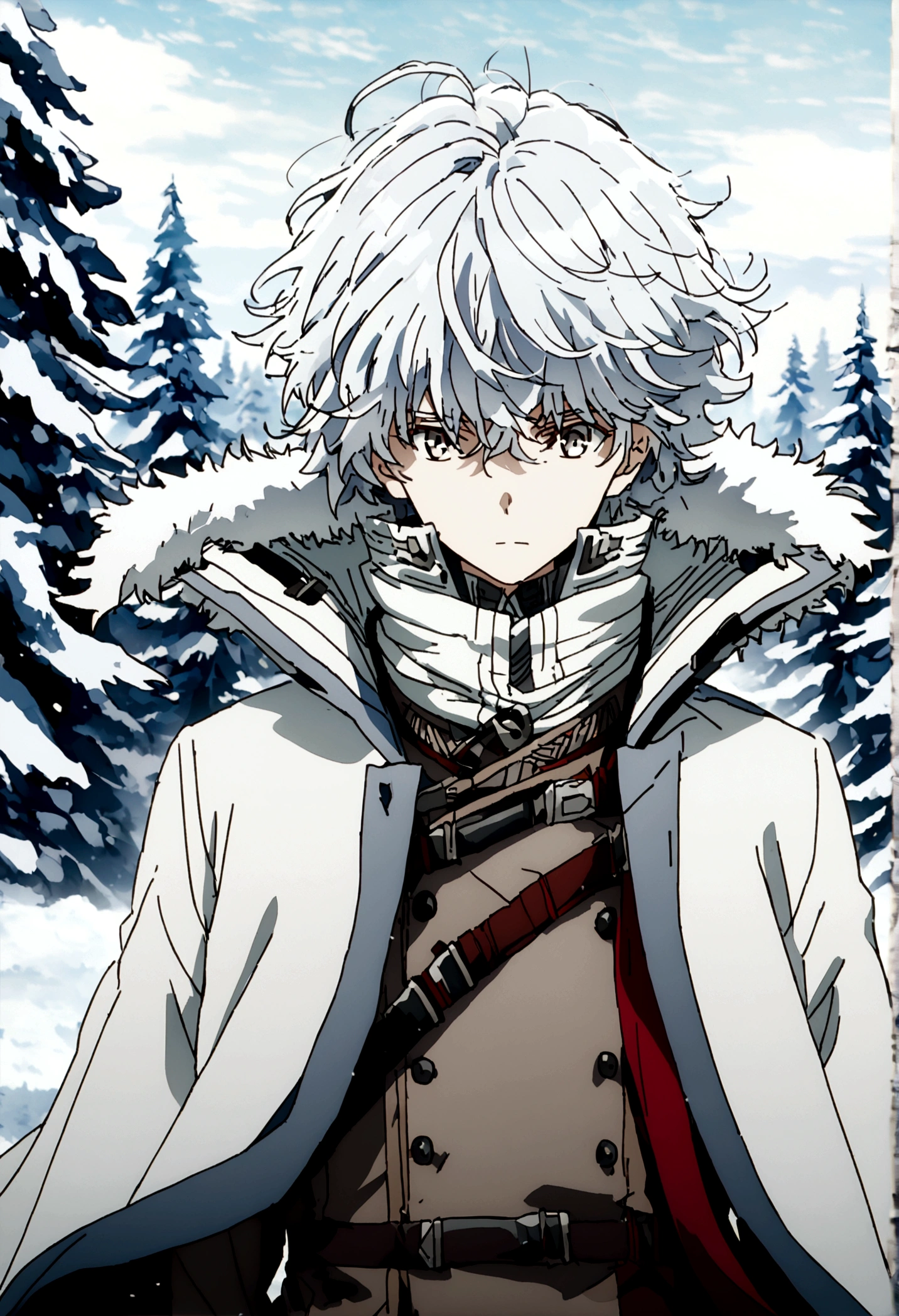 Anime male wearing white thick clothing, white messy hair, white clothing, white plain mask, face is hidden, long white scarf, scarf getting blown by wind