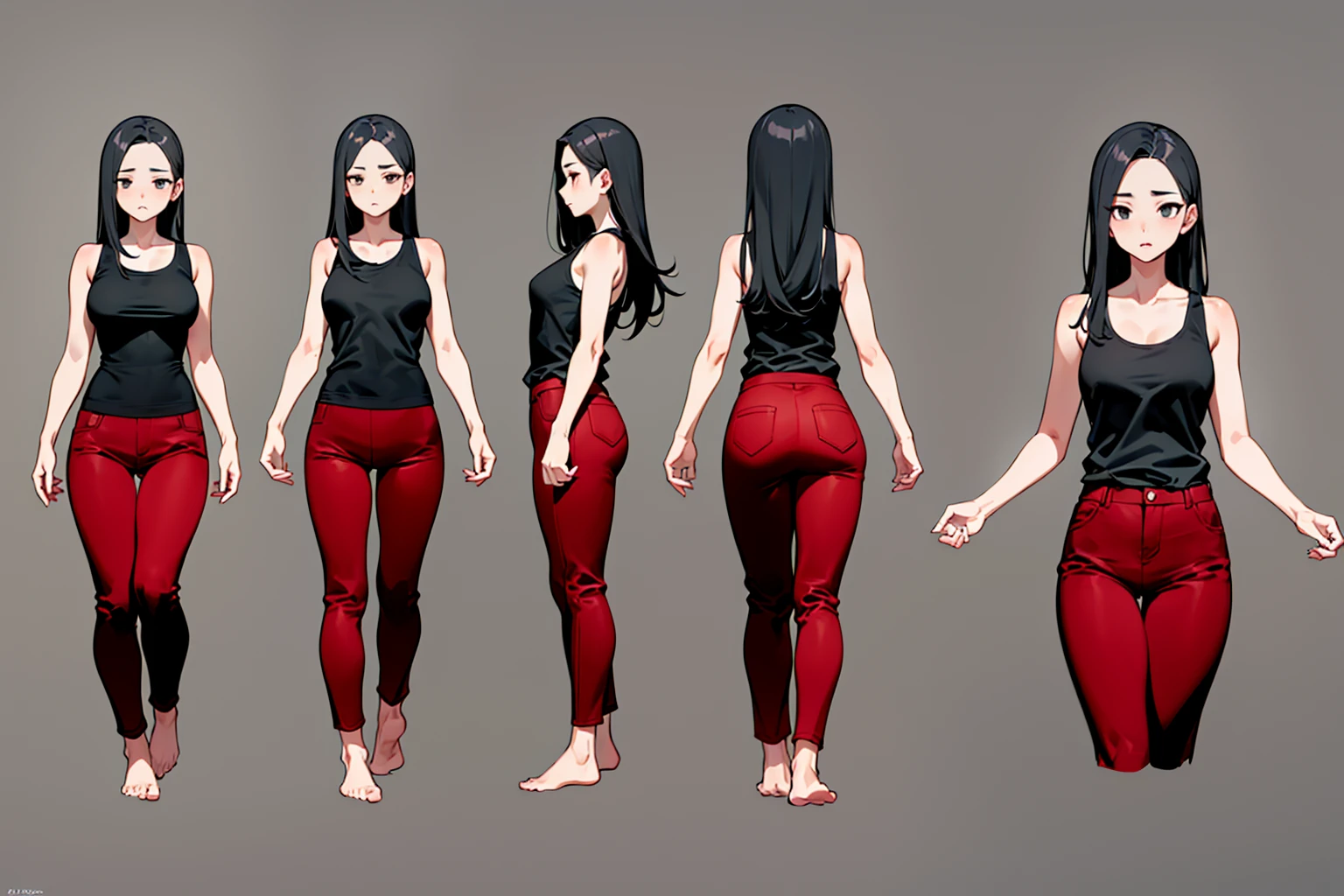 masterpiece, best quality, absurdres, 1girl, mature female, small breast, forehead, white hair, straight hair, long hair, black eyes, empty eyes, black tank top, red pants, bare feet, white background, simple background, model sheet, turnaround
