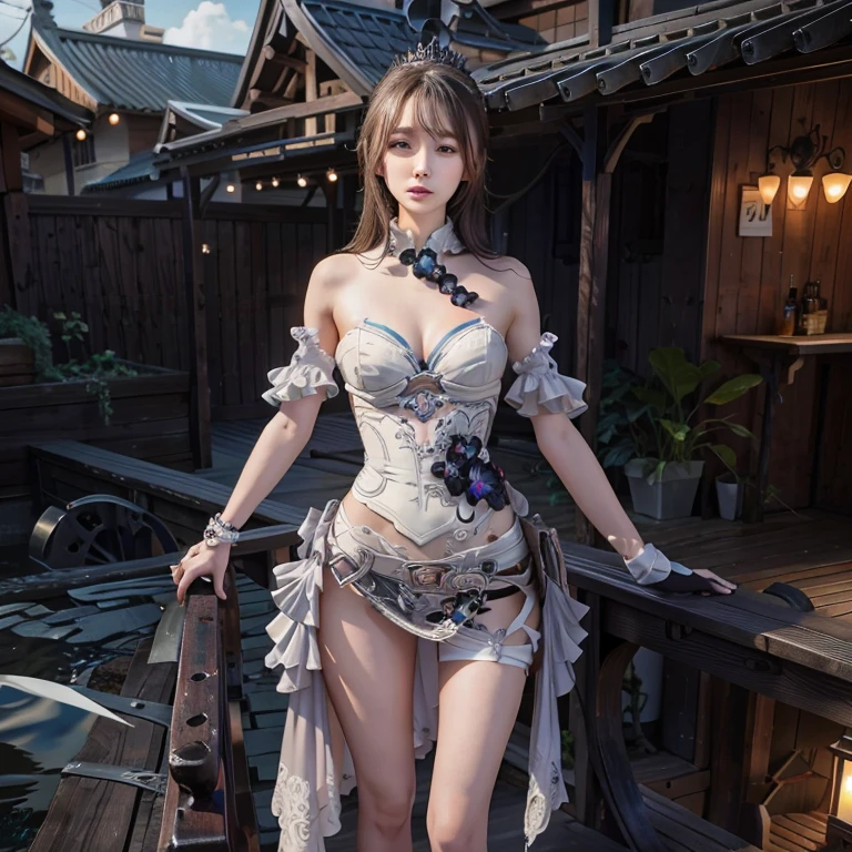(best quality:1.2), (masterpiece:1.2), full body, very detailed, high resolution, 8k, ((1 girl)), cute Japanese woman, cute 24 year old beauty, slim body, (busty breasts:1.6), thin lips, detailed face, Beautiful and elegant face, cute face, natural bangs, arched eyebrows, well-groomed eyebrows, (big eyes with a good balance between the left and right sides), cute eyes, beautiful eyes, beautiful thin nose, beautiful face line, (beautiful skin), medium Hair, (natural bangs), (looking at the camera with a Gentle smile), beautiful legs, smooth skin skin, cute and sexy slim 24 year old woman, fair skin , Beautiful breasts, (Slender body:1.2), I-type Valley, cleavage, (Natural Light:0.8), (lighting forward:0.8), (lighting front:0.8), (Flat lighting:0.8), (Brunette hair), Black Hair, sexy panties with lace, A medieval RPG-style outfit that reveals skin, fantasy background,
