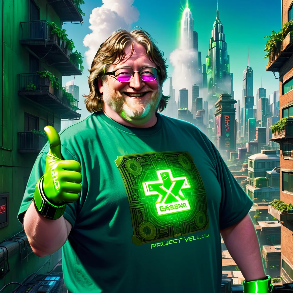 Cyberpunk Gabe Newell, bright green text on shirt says, "project x", laughing, steam summer sale, hacker, Gaben has all your money, glowing green dollar sign for eyes, greed, holding money in his hand, futuristic, sci-fi, glowing green mechanical glove, cityscape, rooftop, luxury suite, thumbs up, cyberpunk, cyberpunk art, perfect light,