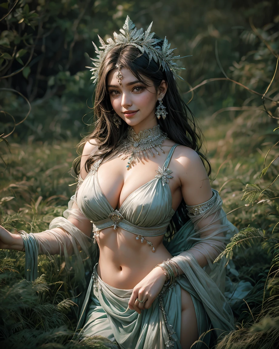 Transparent blouse, gracefully belly, huge breasts, deep cleavage, smily face, smile on face, indian super model, posing on wheat field, style of beautiful body, beautiful woman body, in a open green field, goddess, ellora, at a fashion shoot, shakti, in front of a forest background, erotic, Kamasutra
