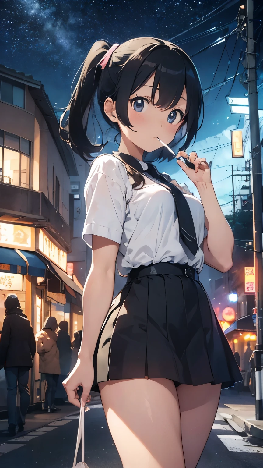 Yuji Kamosawa, Takeo Takei, Akira Yasuda, Jean Giraud, Satoshi Urushihara, Surrealism, wonder, bizarre, bizarre, fantasy, Sci-fi fantasy, anime, passing a beautiful lady in a miniskirt of the moon, perfect voluminous body, on a street corner, smoking a cigarette at a small cafe, neon tubes, Saturn's rings, soda water, a movie projector, detailed masterpiece low high angles hand coloured line drawings Hyper realistic cinematic lighting sharp focus cute coquettish shy embarrassing blushing zoom in