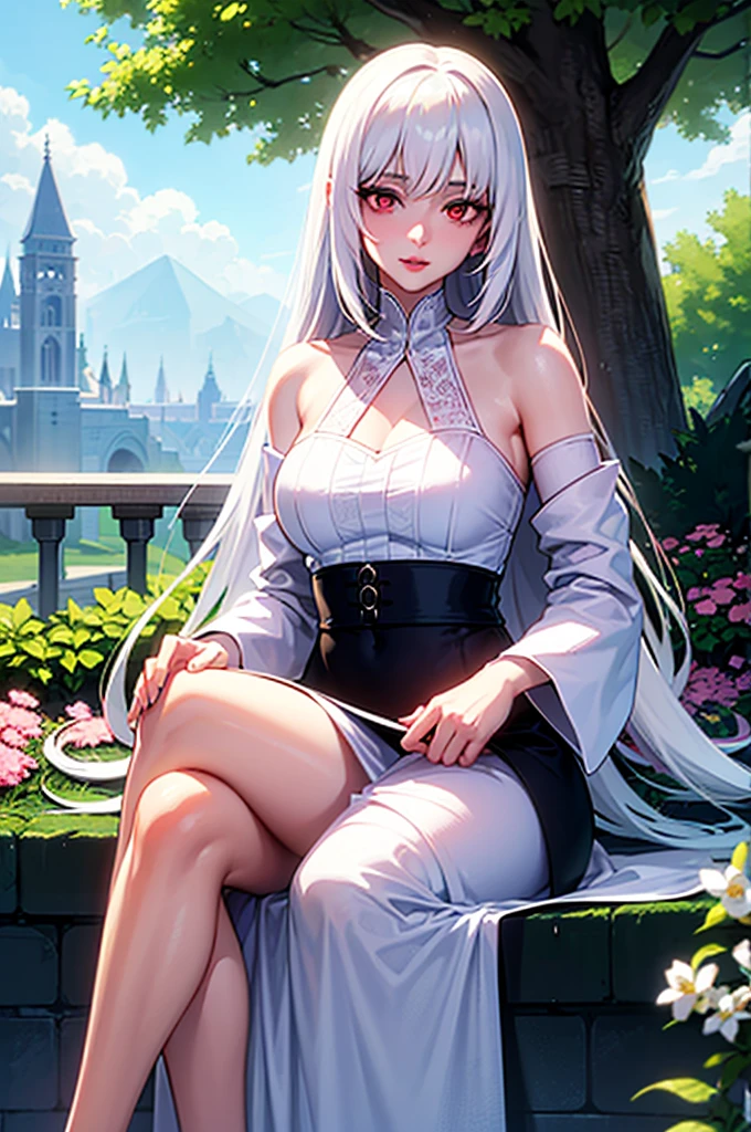 An albino woman with red eyes, extremely long hair, dressed in white with flowers, pink lips, calm look, He is 40 years old. She is beautiful and sitting in a palace garden. Looks like a magical being 