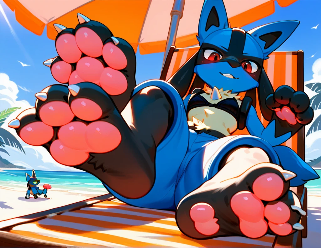 score_9,score_8_up,score_7_up, source_cartoon, source_furry, Lucario, pokemon, wearing a black bra and black tong, sitting on a beach chair, low angle shot, foot focus, feet paws, 3 toes, black paw pads, spreading her toes, pink paw pads