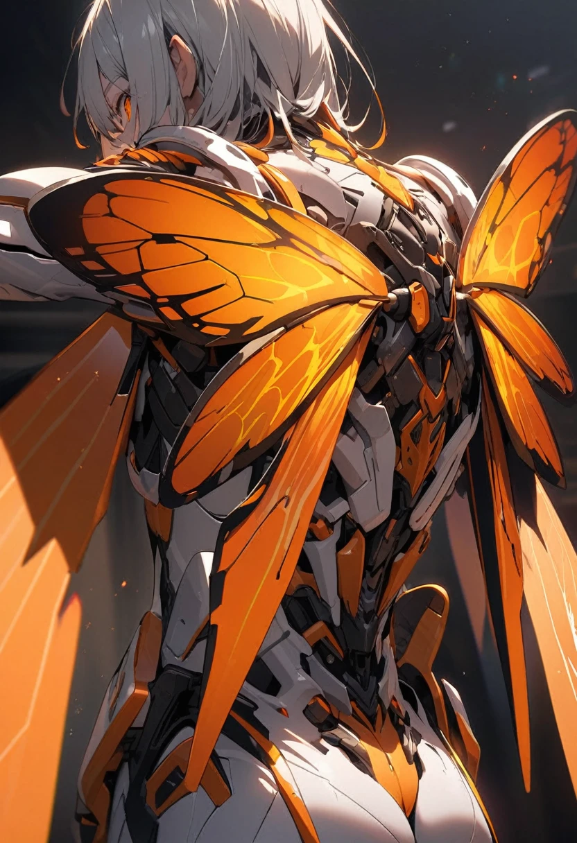extremely detailed futuristic small orange bug wings on a human's back