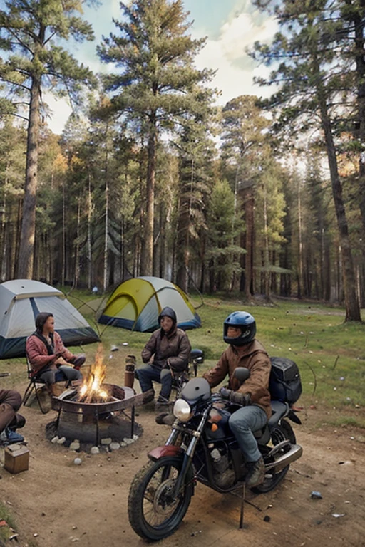 Camping with tents, autumn forest, motorcycle, bonfire, two people by the fire