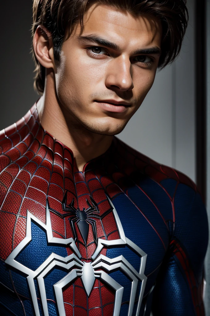 A photograph of spider man, no mask, 20 yo, handsome, detailed face, looking at camera, portrait, 8k uhd, high quality