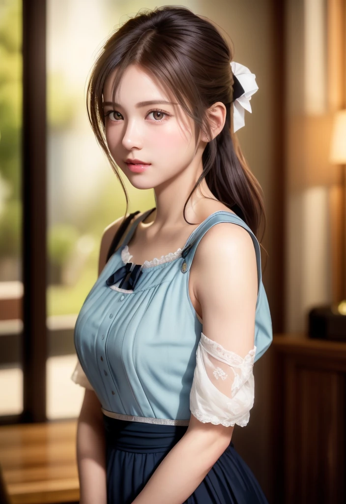 8K, of the highest quality, masutepiece:1.2), (Realistic, Photorealsitic:1.37), of the highest quality, masutepiece, Beautiful young woman, Pensive expression,、A charming、and an inviting look, Cute Maid Clothes, Hair tied back, Cinematic background, Light skin tone