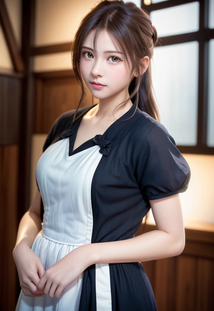 8K, of the highest quality, masutepiece:1.2), (Realistic, Photorealsitic:1.37), of the highest quality, masutepiece, Beautiful young woman, Pensive expression,、A charming、and an inviting look, Cute Maid Clothes, Hair tied back, Cinematic background, Light skin tone